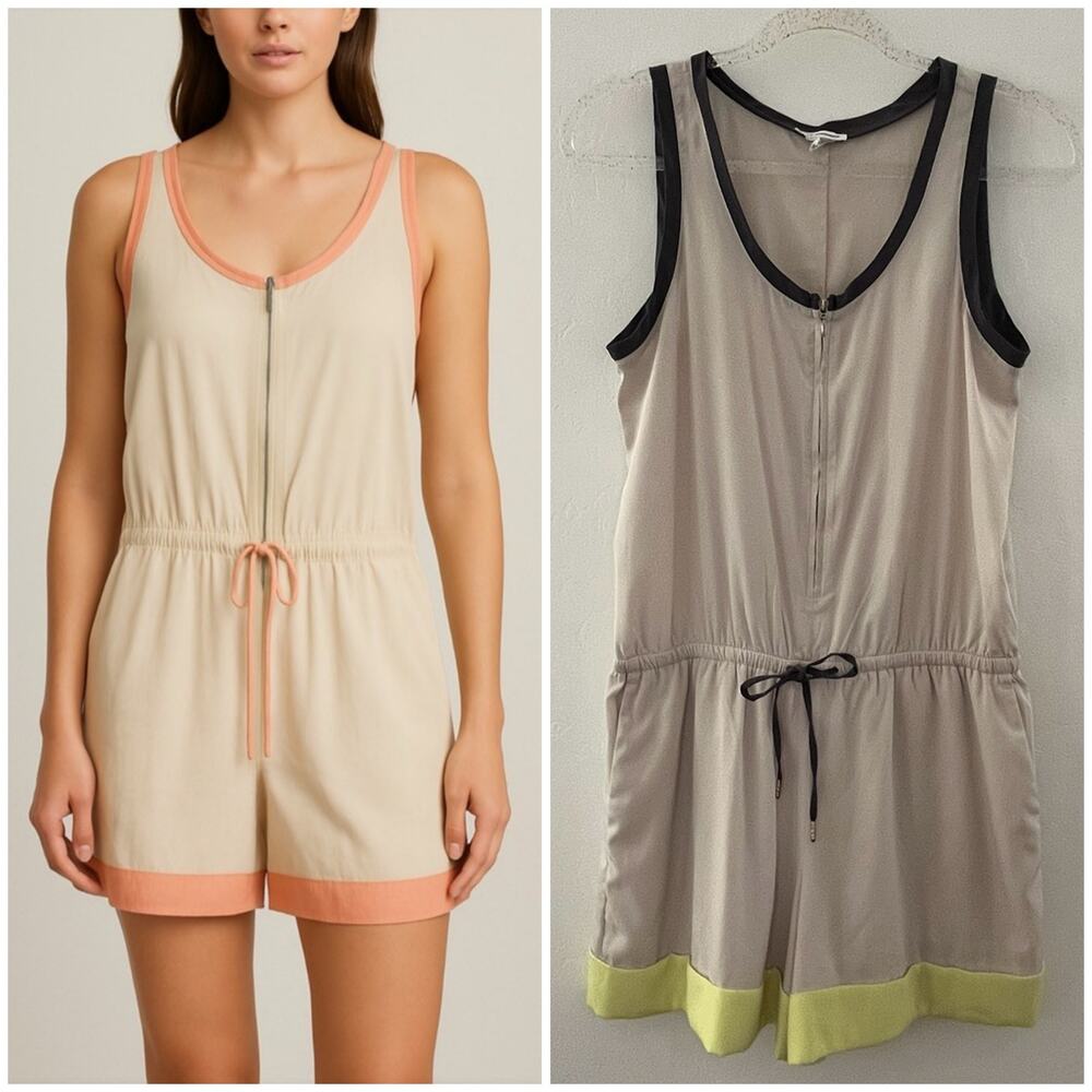 Club Monaco Romper Sleeveless Zip-Up Drawstring Pockets Beige Neon Gray Size 2